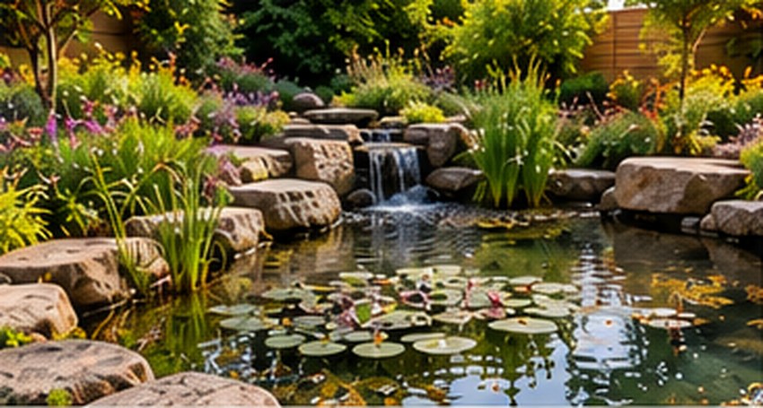 Natural garden pond with rocks, water lilies and a waterfall
