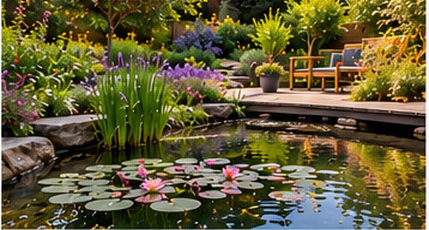 Water garden surrounded by planting and a wooden deck